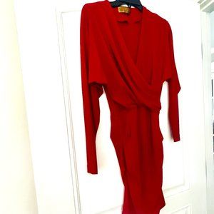 Nicole Miller Long Sleeve Red Ruched Dress